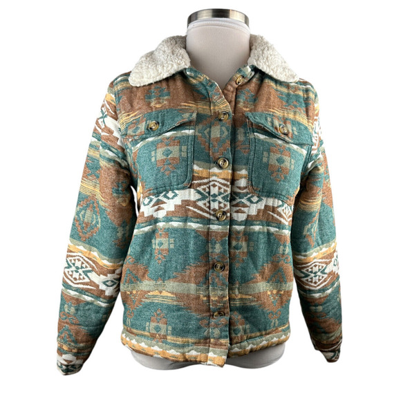BKE Aztec Print Shacket Southwestern Shirt Jacket Sherpa Western Button Medium - Picture 2 of 11